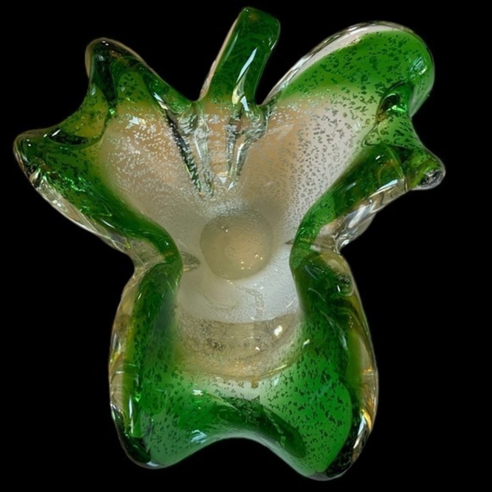 VTG Murano Green Leaf Glass Candy Bowl in EUC